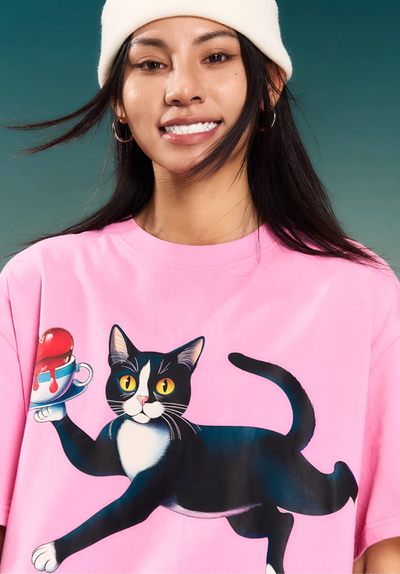 YADcrew “Obsessed Cat” Shake Pink Printed Tee | Face 3 Face