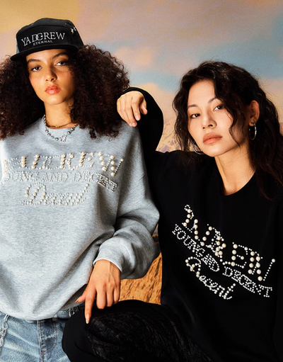 YADcrew Pearl Beadwork Text Typography Sweatshirt | Face 3 Face