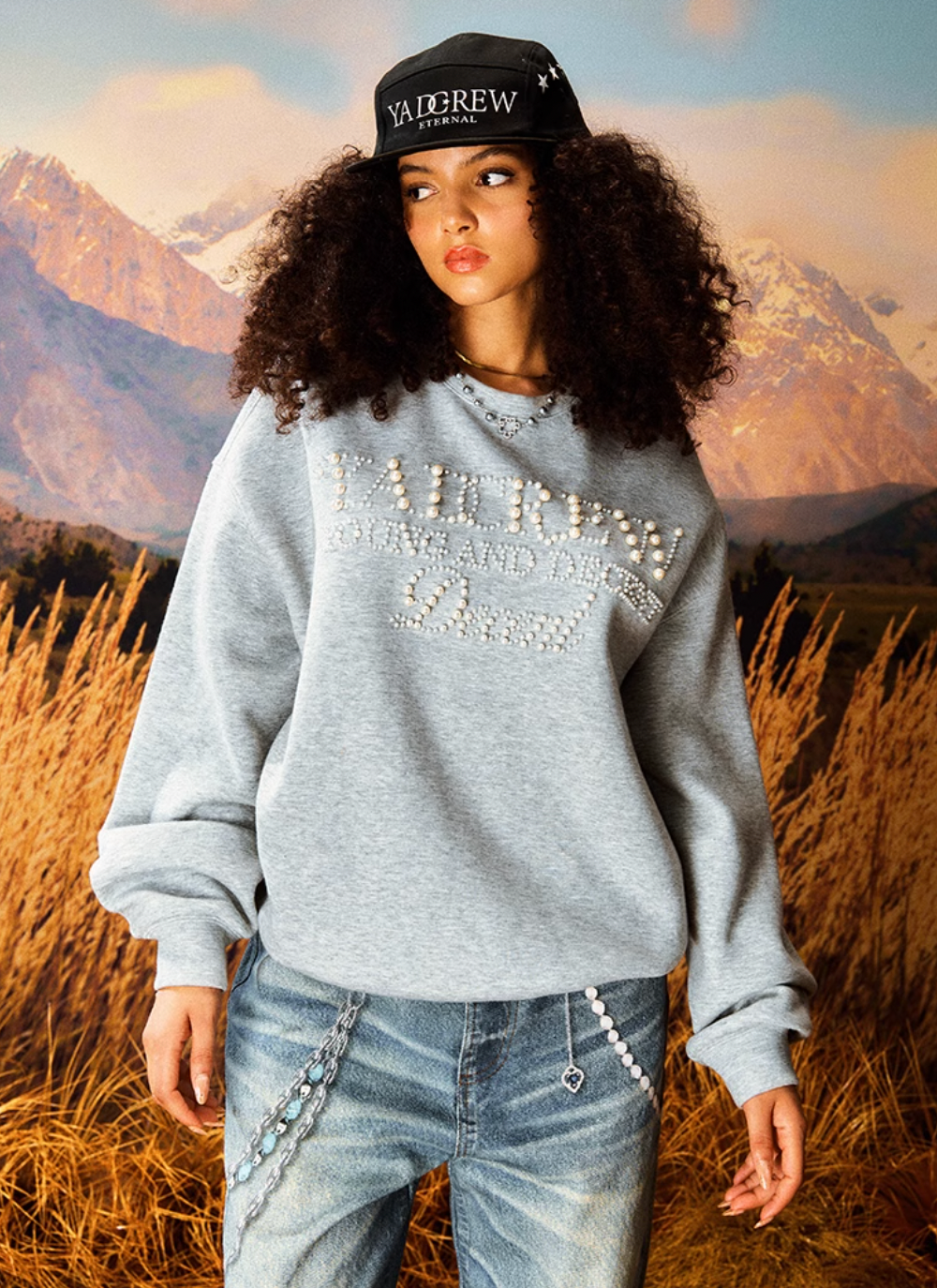 YADcrew Pearl Beadwork Text Typography Sweatshirt | Face 3 Face