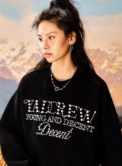 YADcrew Pearl Beadwork Text Typography Sweatshirt | Face 3 Face