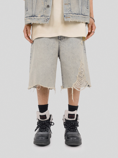 UNDERWATER Washed Damaged Light Blue Denim Shorts | Baggy Jorts | Face 3 Face