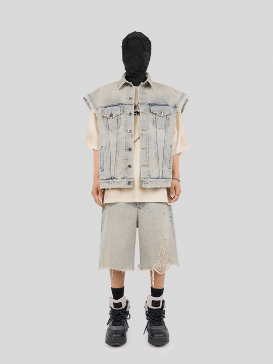 UNDERWATER Washed Damaged Light Blue Denim Shorts | Baggy Jorts | Face 3 Face