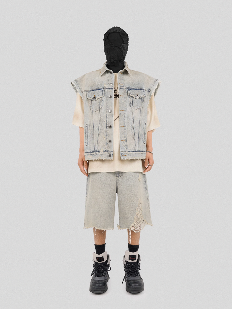 UNDERWATER Washed Damaged Light Blue Denim Shorts | Baggy Jorts | Face 3 Face