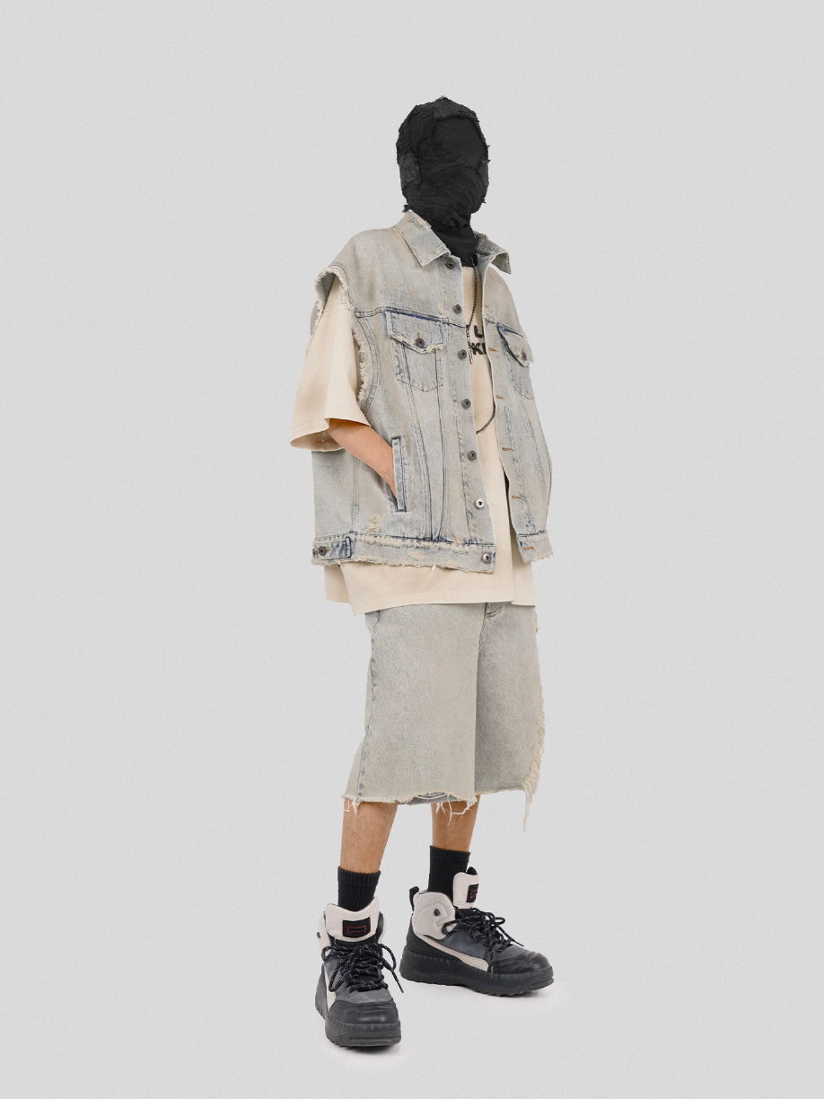 UNDERWATER Washed Damaged Light Blue Denim Shorts | Baggy Jorts | Face 3 Face