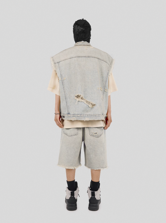 UNDERWATER Washed Damaged Light Blue Denim Shorts | Baggy Jorts | Face 3 Face