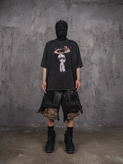 UNDERWATER Double Layer Damage Black Cargo Denim Shorts | Baggy Jorts | Face 3 Face