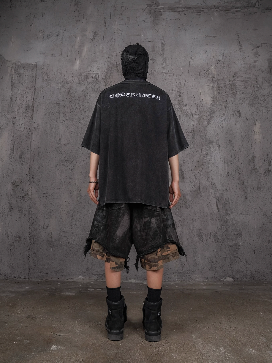 UNDERWATER Double Layer Damage Black Cargo Denim Shorts | Baggy Jorts | Face 3 Face