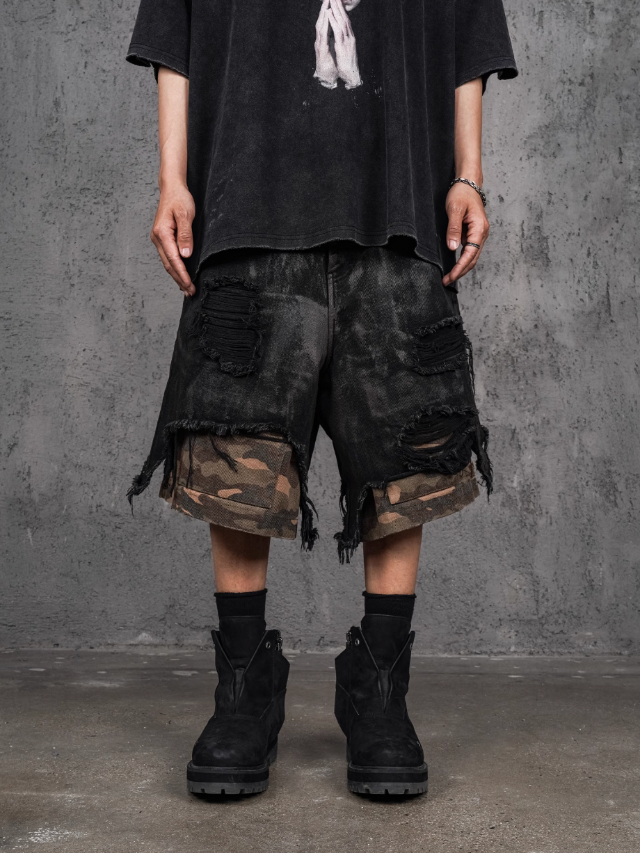 UNDERWATER Double Layer Damage Black Cargo Denim Shorts | Baggy Jorts | Face 3 Face