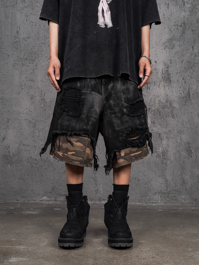 UNDERWATER Double Layer Damage Black Cargo Denim Shorts | Baggy Jorts | Face 3 Face