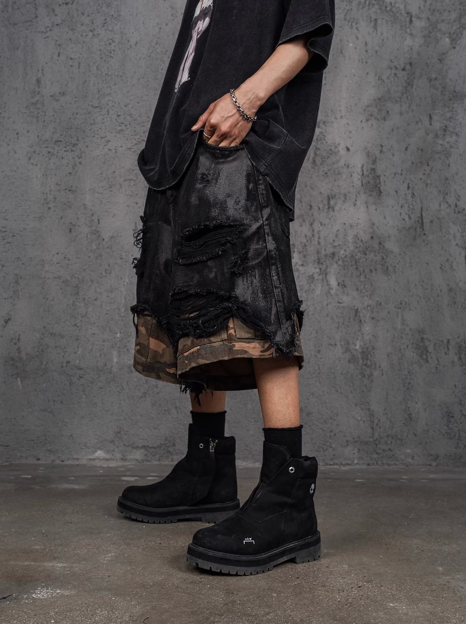 UNDERWATER Double Layer Damage Black Cargo Denim Shorts | Baggy Jorts | Face 3 Face