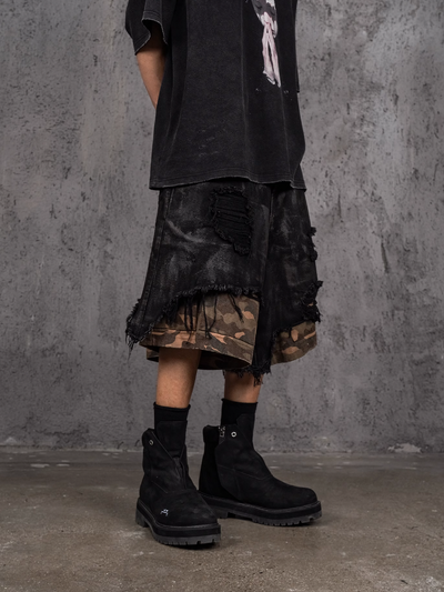 UNDERWATER Double Layer Damage Black Cargo Denim Shorts | Baggy Jorts | Face 3 Face