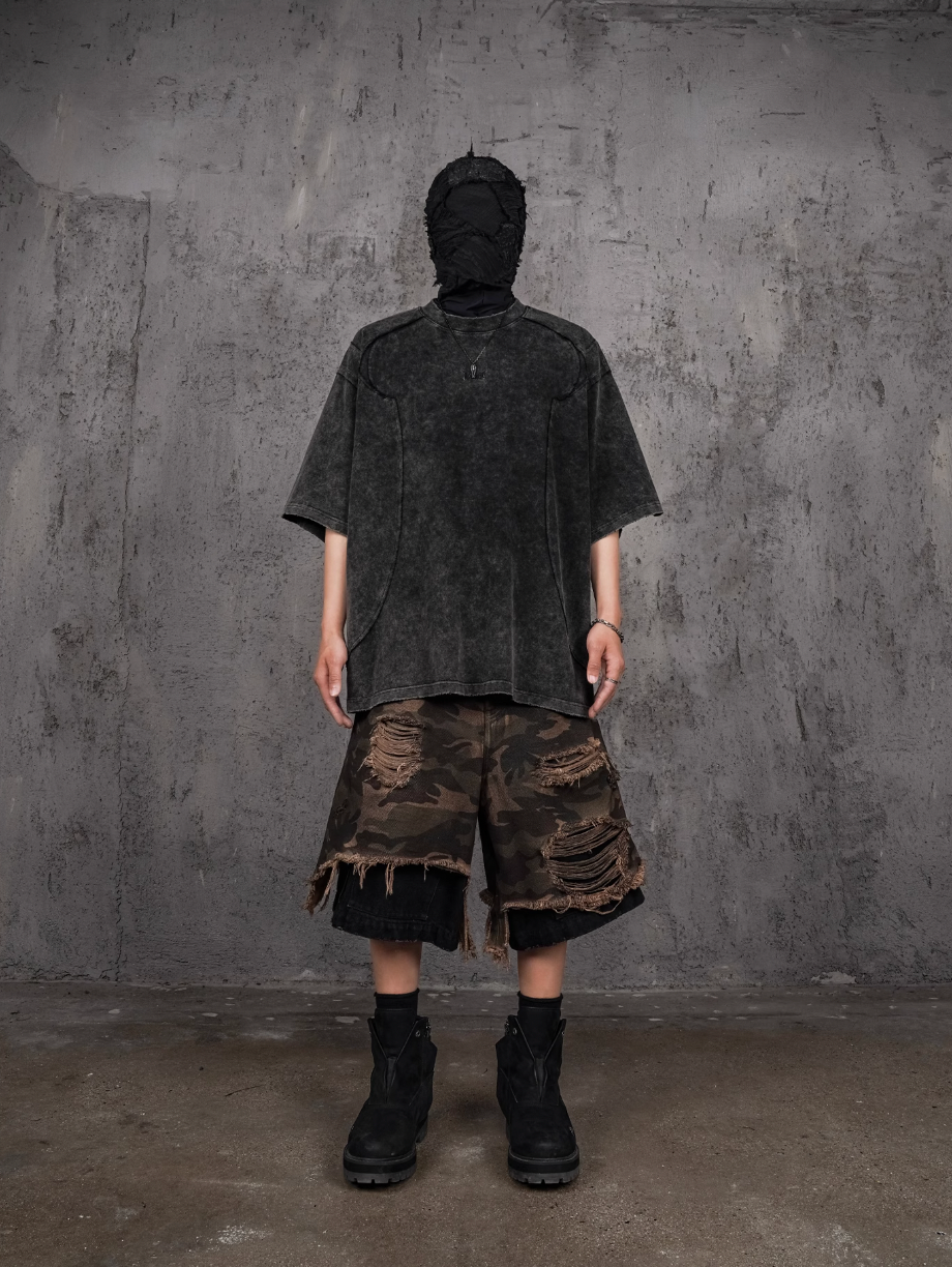 UNDERWATER Double Layer Damage Camo Cargo Denim Shorts | Baggy Jorts | Face 3 Face