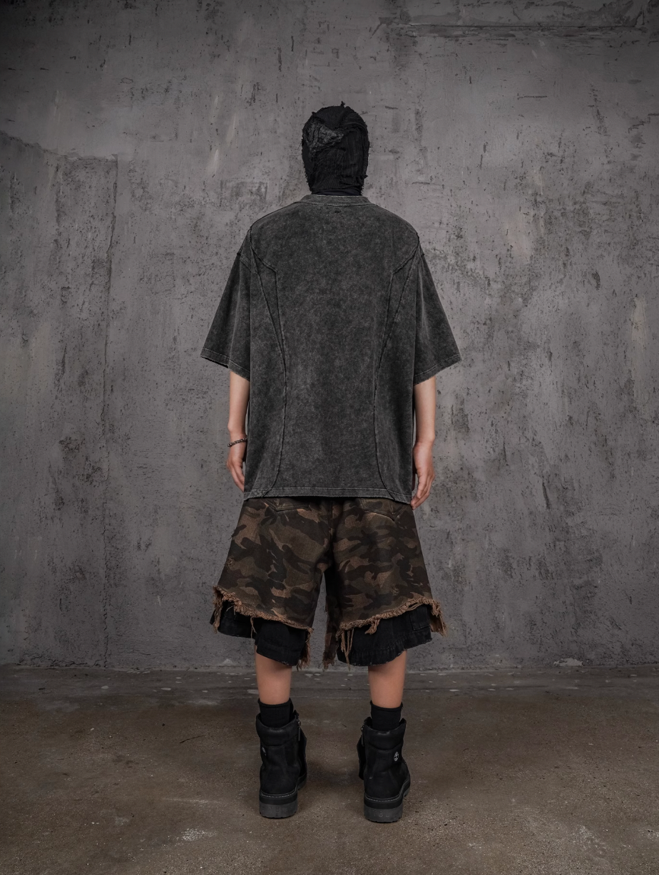 UNDERWATER Double Layer Damage Camo Cargo Denim Shorts | Baggy Jorts | Face 3 Face