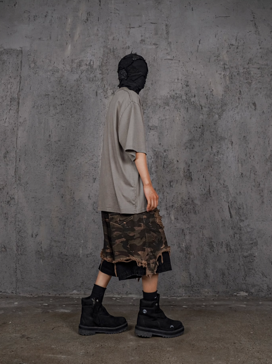 UNDERWATER Double Layer Damage Camo Cargo Denim Shorts | Baggy Jorts | Face 3 Face