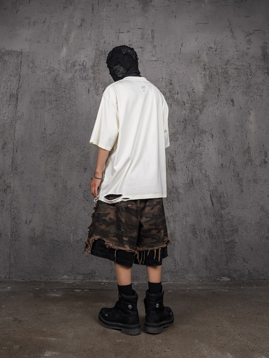 UNDERWATER Double Layer Damage Camo Cargo Denim Shorts | Baggy Jorts | Face 3 Face