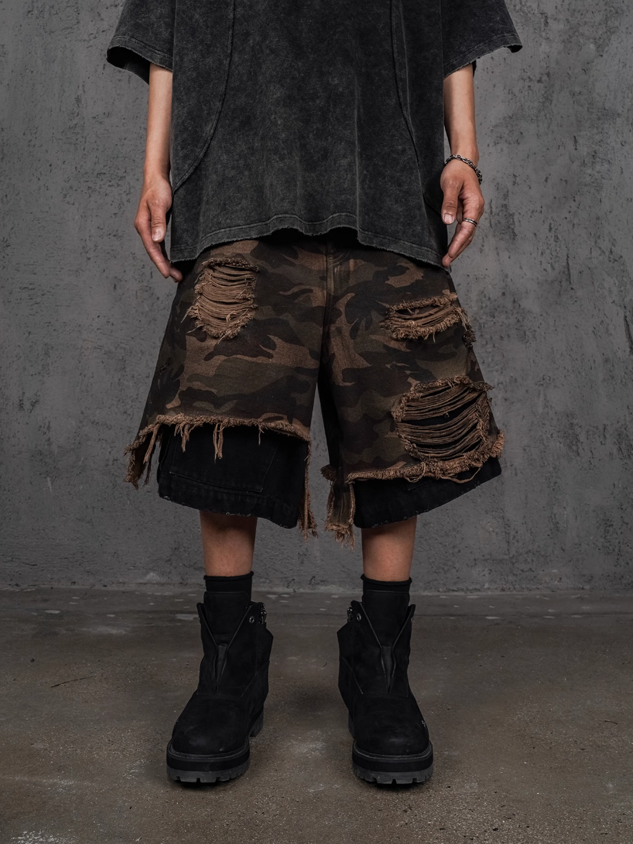 UNDERWATER Double Layer Damage Camo Cargo Denim Shorts | Baggy Jorts | Face 3 Face