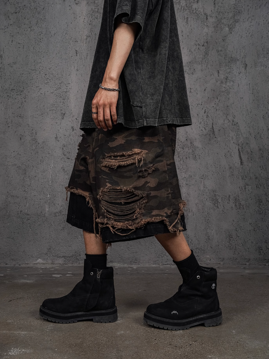 UNDERWATER Double Layer Damage Camo Cargo Denim Shorts | Baggy Jorts | Face 3 Face