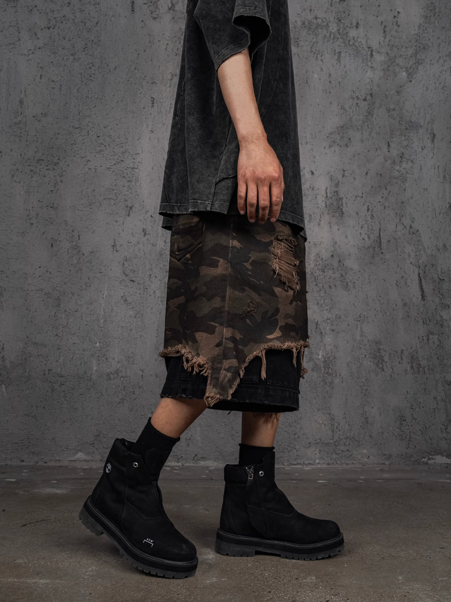 UNDERWATER Double Layer Damage Camo Cargo Denim Shorts | Baggy Jorts | Face 3 Face