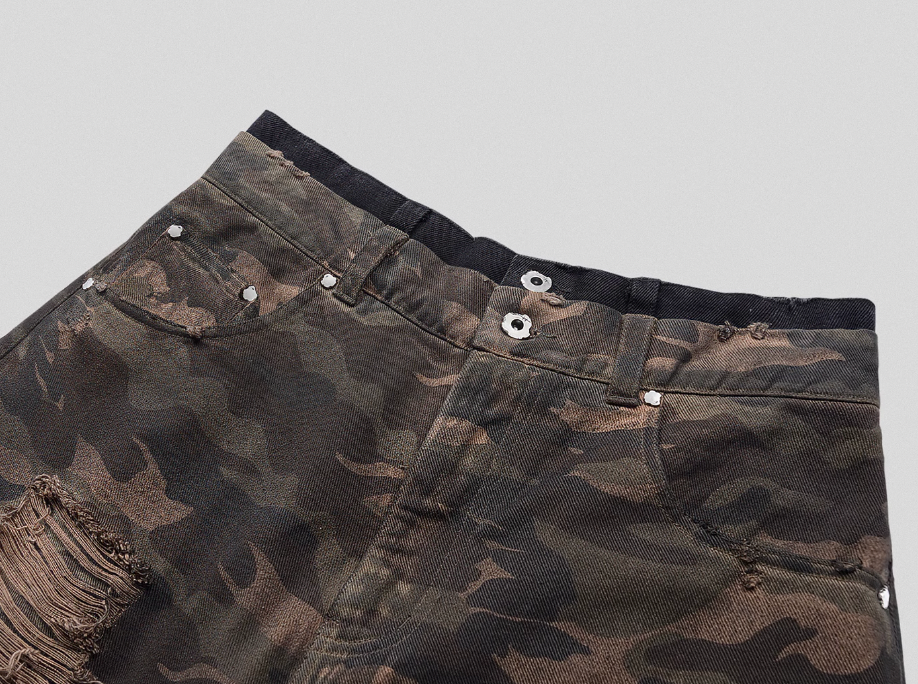 UNDERWATER Double Layer Damage Camo Cargo Denim Shorts | Baggy Jorts | Face 3 Face