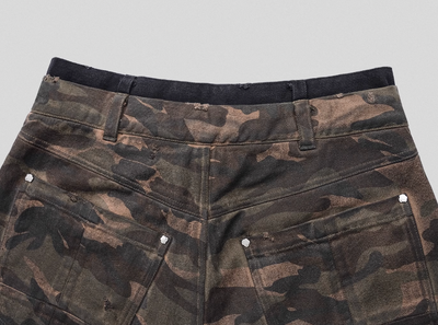 UNDERWATER Double Layer Damage Camo Cargo Denim Shorts | Baggy Jorts | Face 3 Face