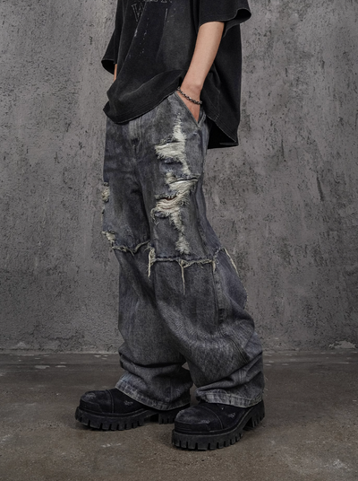 UNDERWATER Dirty Dye Damaged Splicing Baggy Jeans | Face 3 Face