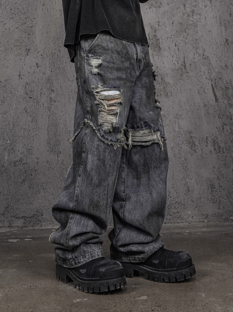 UNDERWATER Dirty Dye Damaged Splicing Baggy Jeans | Face 3 Face