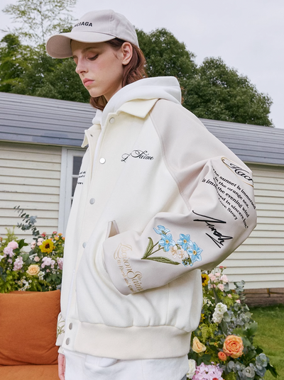 Harsh and Cruel Sleeve Arm Embroidered Floral Varsity Jacket | Face 3 Face