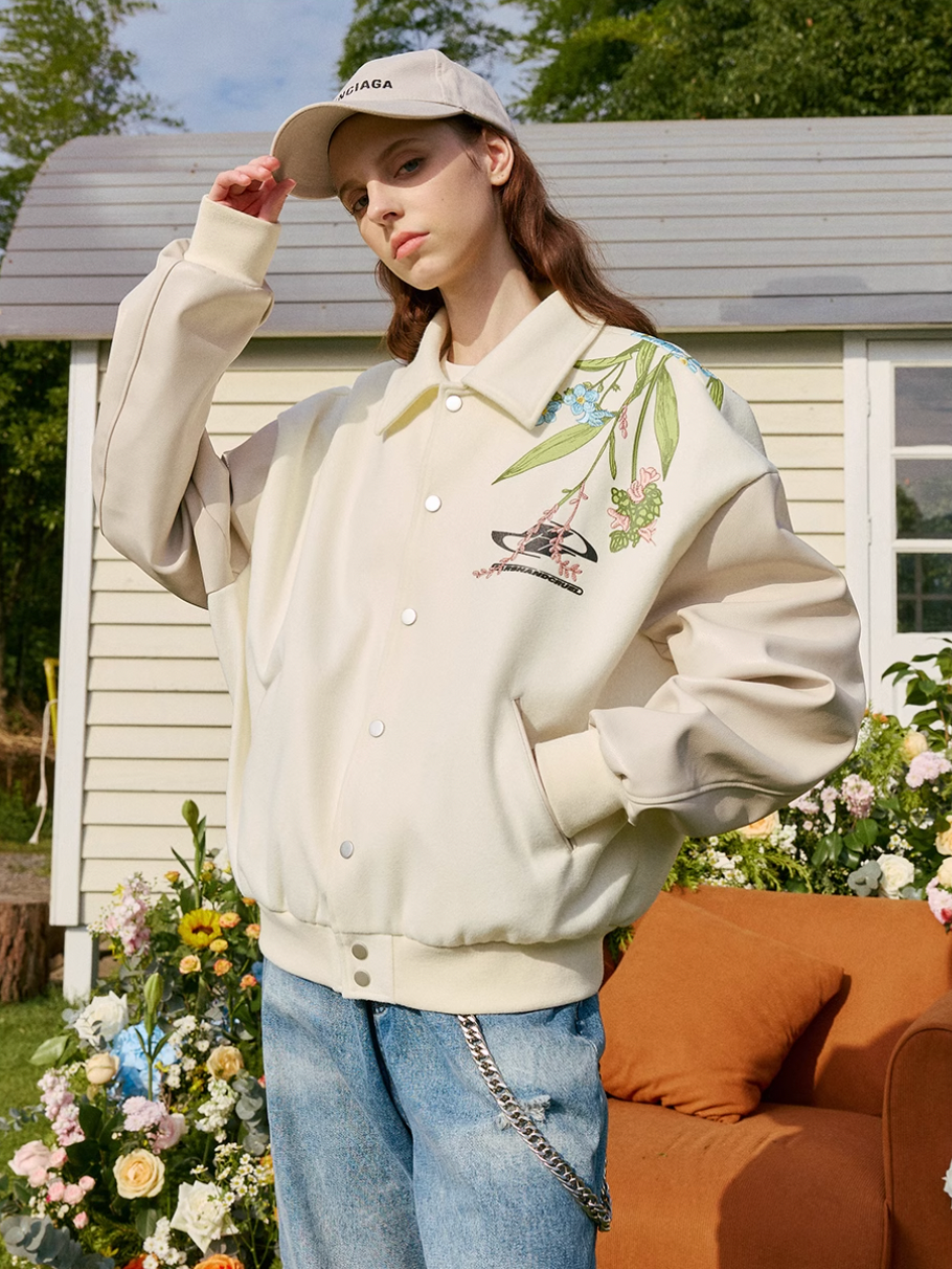 Harsh and Cruel Logo Full Back Embroidered Floral Varsity Jacket | Face 3 Face