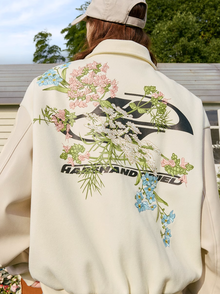 Harsh and Cruel Logo Full Back Embroidered Floral Varsity Jacket | Face 3 Face