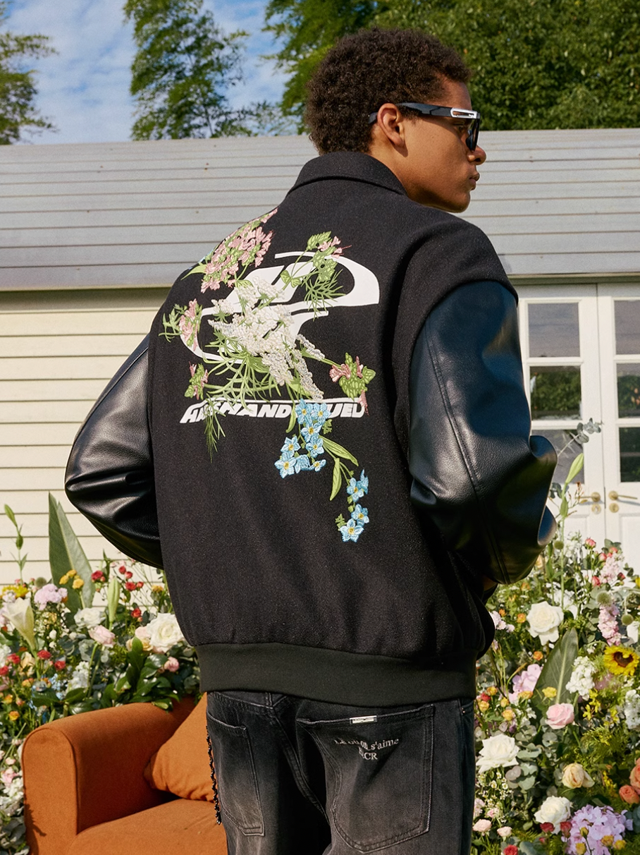 Harsh and Cruel Logo Full Back Embroidered Floral Varsity Jacket | Face 3 Face