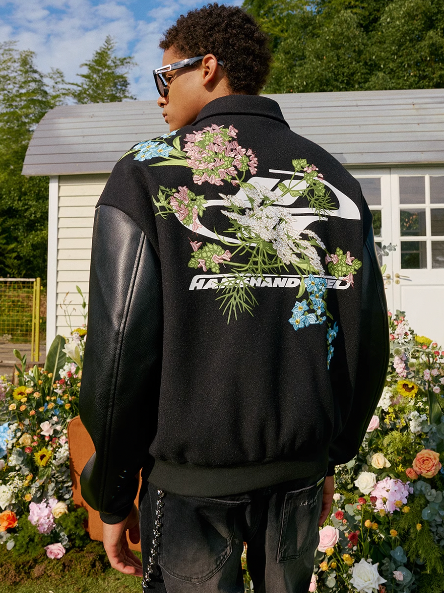 Harsh and Cruel Logo Full Back Embroidered Floral Varsity Jacket | Face 3 Face