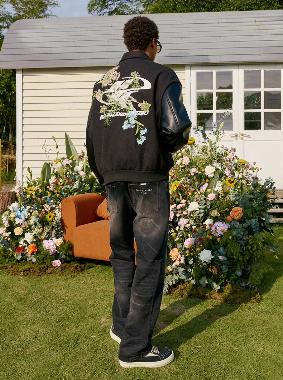 Harsh and Cruel Logo Full Back Embroidered Floral Varsity Jacket | Face 3 Face