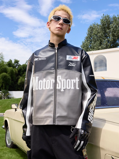 Harsh and Cruel Stand Collar Embroidered Racing Leather Jacket | Face 3 Face