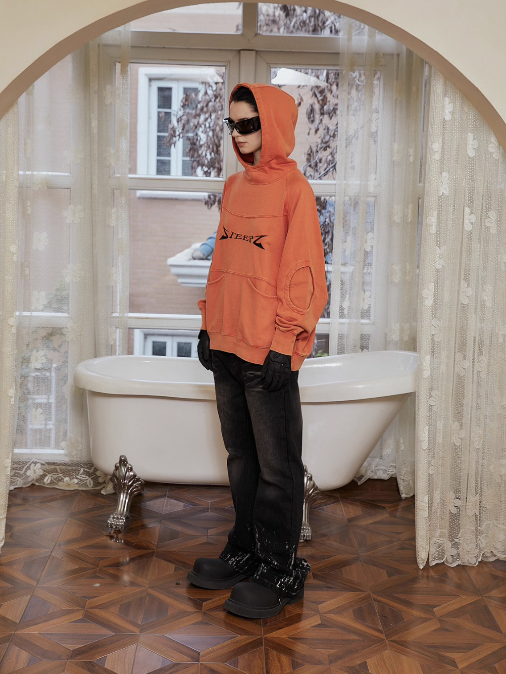 STEEPC Orange Structured Patchwork Hoodie | Face 3 Face