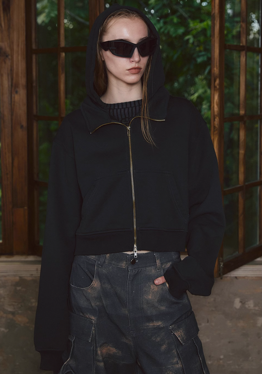 STEEPC Fake Two Piece Collar Boxy Crop Zip Hoodie | Face 3 Face