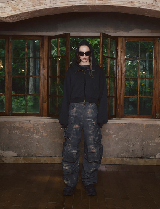 STEEPC Fake Two Piece Collar Boxy Crop Zip Hoodie | Face 3 Face