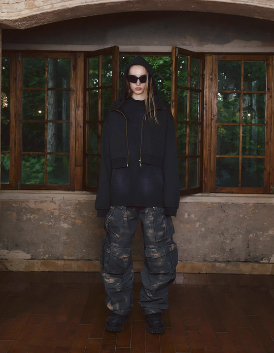 STEEPC Fake Two Piece Collar Boxy Crop Zip Hoodie | Face 3 Face