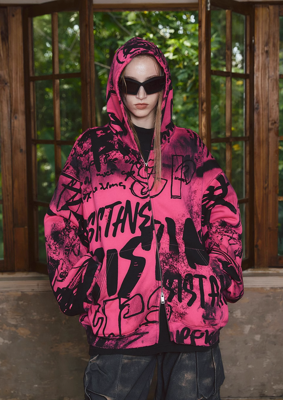 STEEPC Pink Graffiti Drop Shoulder Zip Hoodie | Face 3 Face