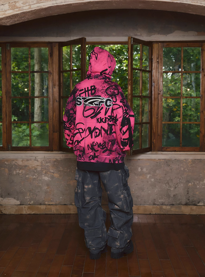 STEEPC Pink Graffiti Drop Shoulder Zip Hoodie | Face 3 Face