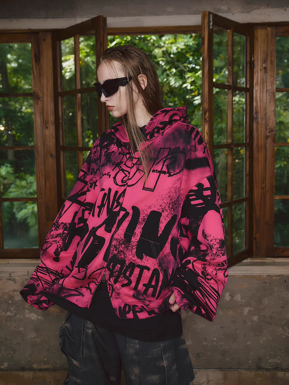 STEEPC Pink Graffiti Drop Shoulder Zip Hoodie | Face 3 Face