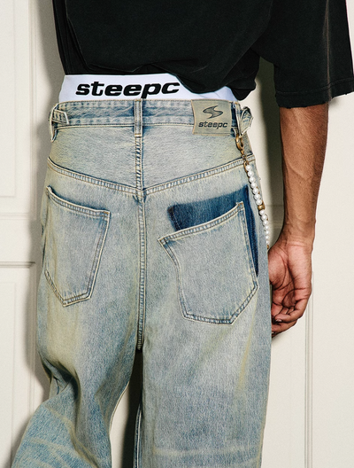 STEEPC Washed Vintage Pockets Deconstructed Baggy Jeans | Face 3 Face