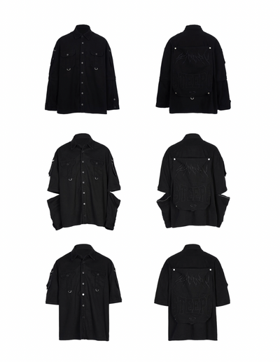 STEEPC Detachable Sleeve Embroidery Black Oversized Shirt Jacket | Face 3 Face