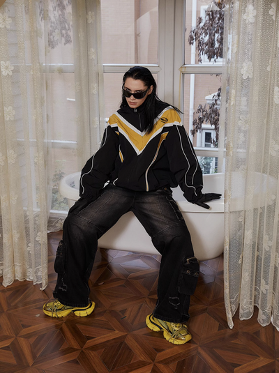 STEEPC Black & Yellow Colorblocking Sports Loose Retro Track Jacket | Face 3 Face