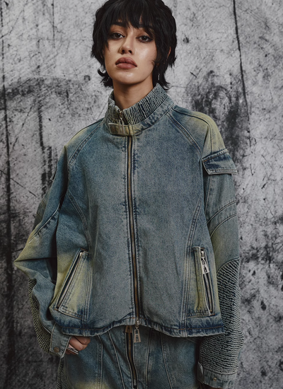 STEEPC NOLM Heavy Washed Pleated Denim Jacket | Face 3 Face