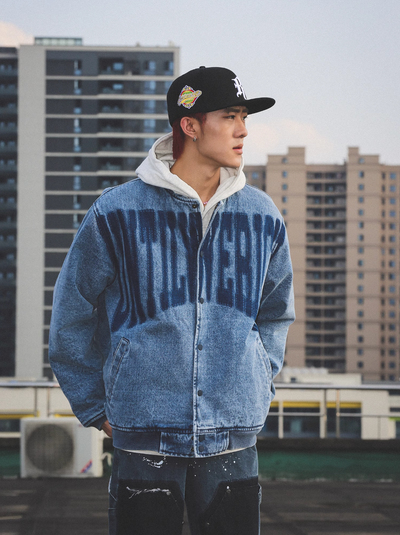 UNTILWERICH Washed Denim Aged Baseball Jacket | Face 3 Face