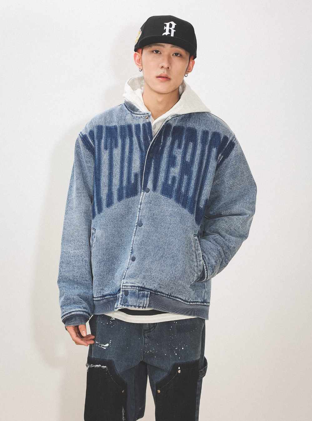 UNTILWERICH Washed Denim Aged Baseball Jacket | Face 3 Face