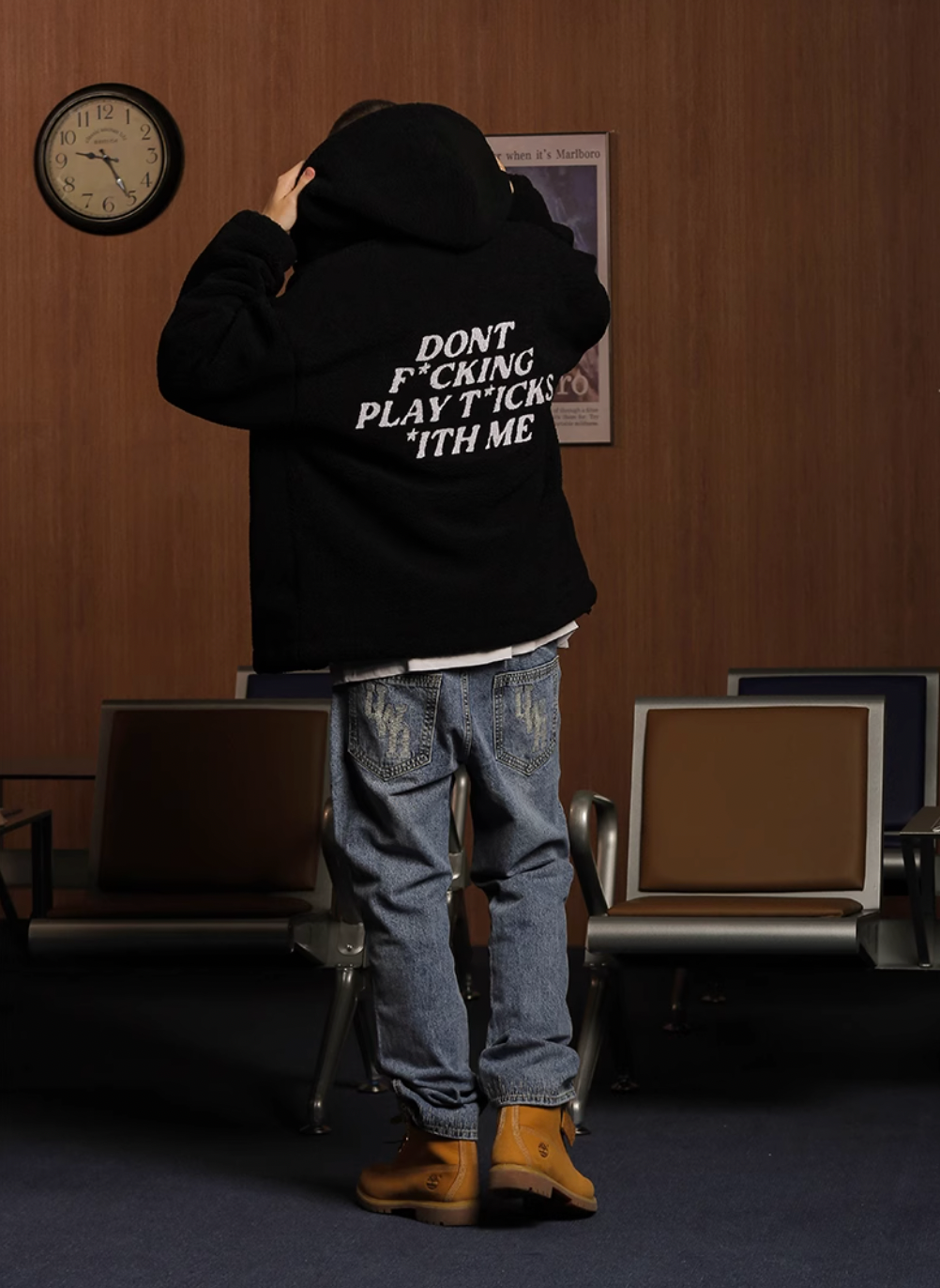 UNTILWERICH Slogan hooded Sherpa Fleece Jacket | Face 3 Face