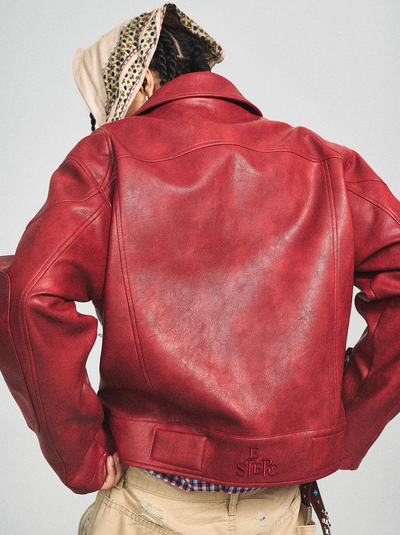 STEEPC Aged Washed Burgundy Red Short Leather Jacket | Face 3 Face