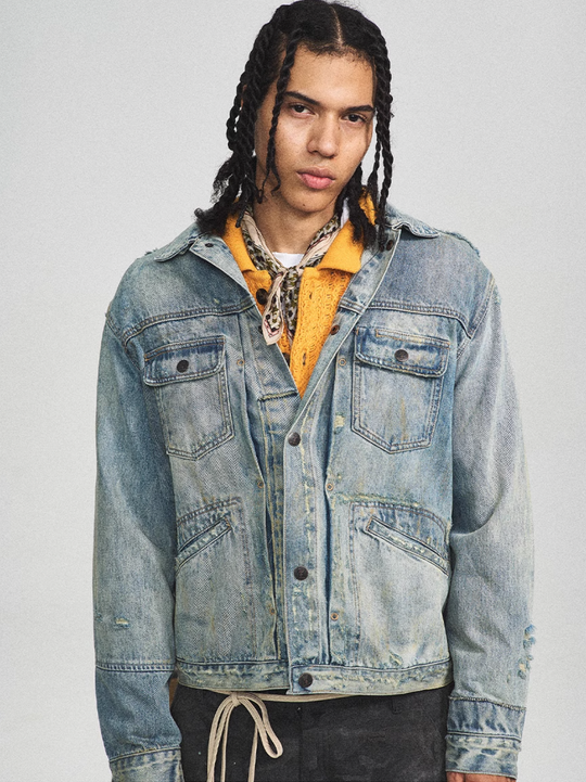 STEEPC Washed Vintage Aged Destroyed Pleated Denim Jacket | Face 3 Face