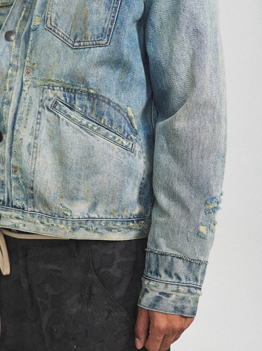 STEEPC Washed Vintage Aged Destroyed Pleated Denim Jacket | Face 3 Face